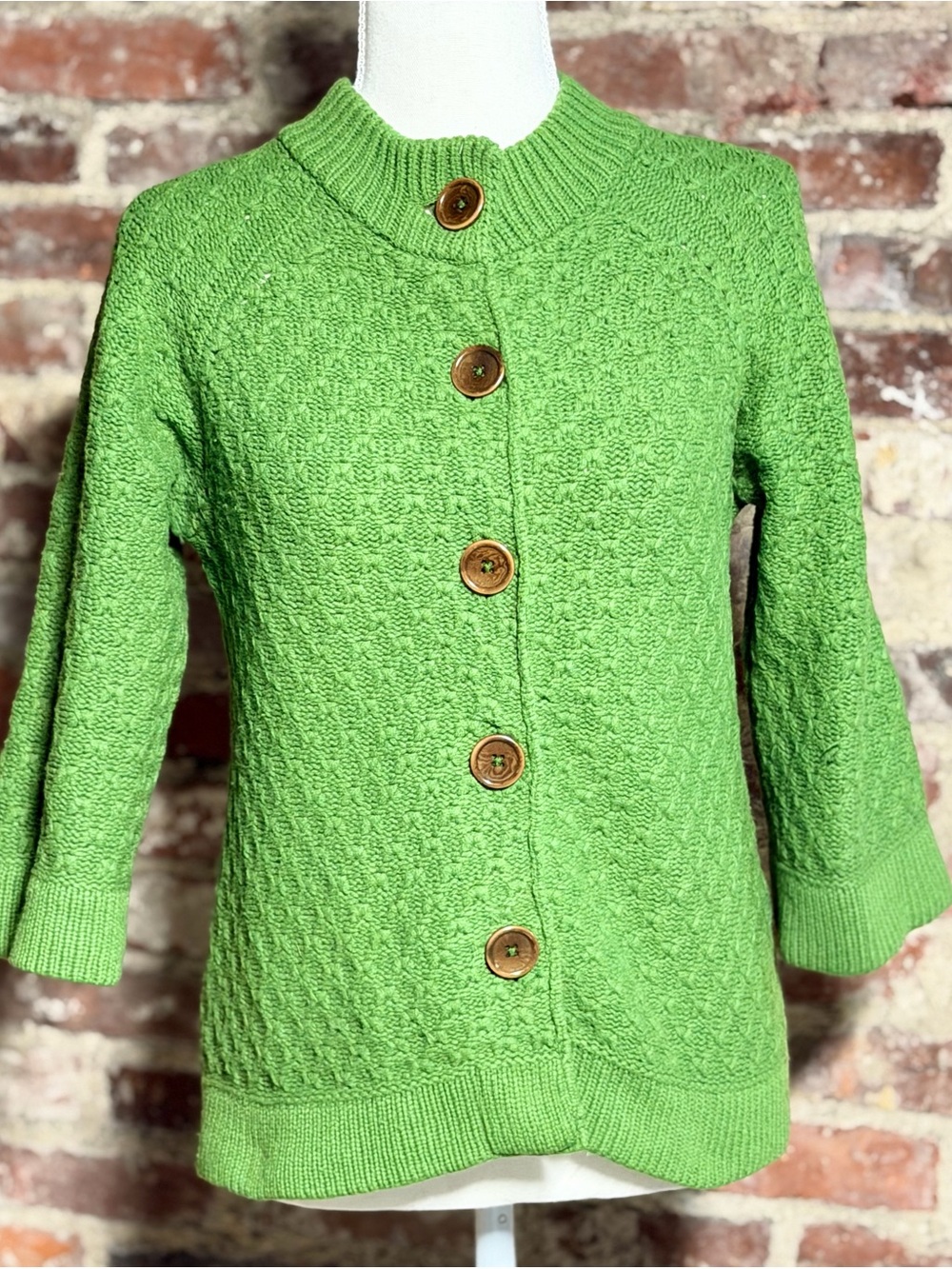 Boden Green 100% Wool Textured Knit Cardigan Sweater Mock Neck 3/4 Sleeve SZ 12